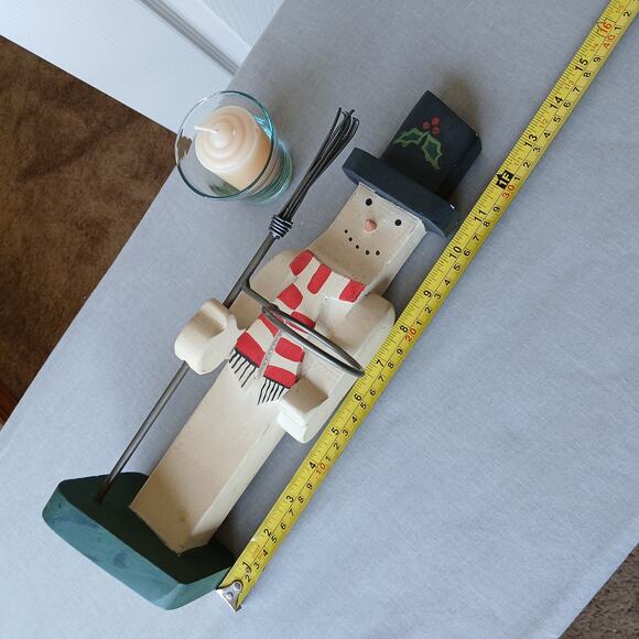Handmade Vintage Wooden Snowman candle holder 13" tall made in Mexico votive - Picture 13 of 16